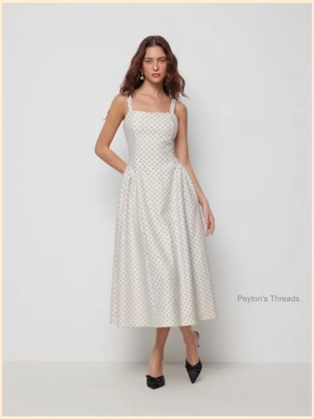 Polka Dot Midi A-Line Dress with Side Pockets Square Neck Sleeveless - Picture 2 of 7
